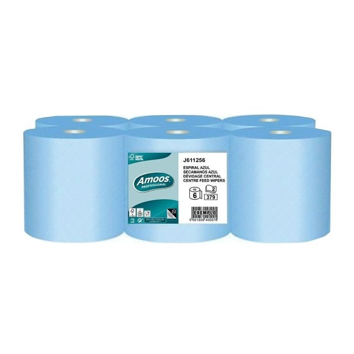 Rollo papel industrial azul TOSSAR Extra System de 2 capas, 125 m y 379 servicios, pack profesional de 6 rollos