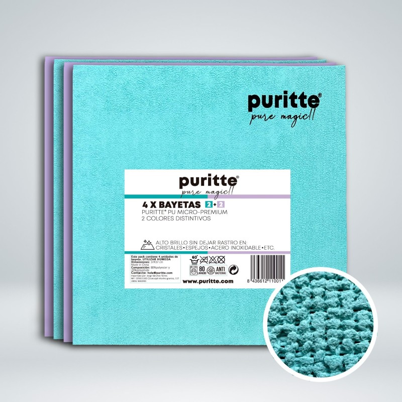 Bayetas PU MICRO PREMIUM Puritte (4 unidades) Bayetas PU MICRO PREMIUM Puritte de microfibra y PVA para limpieza profesional