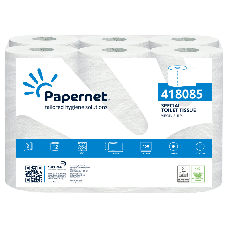 Ecolabel domestic toilet paper, 150 services, 108 rolls, for office and education washrooms